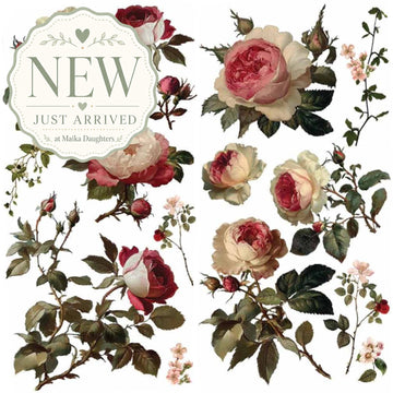 ReDesign with Prima Midnight Rose rub-on transfer with vintage pink and cream rose designs, 6x12 set of 3 sheets