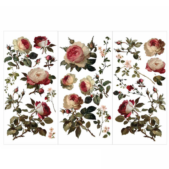 Midnight Rose 6x12 rub-on transfer set by ReDesign with Prima featuring three sheets of vintage floral rose designs