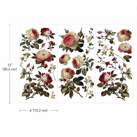 ReDesign with Prima Midnight Rose rub-on transfer showing three 6 inch by 12 inch floral transfer sheets