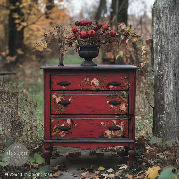 Red painted dresser with Midnight Rose rub-on transfers used as delicate floral furniture accents