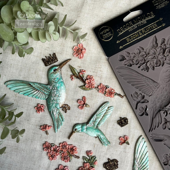 ReDesign with Prima Bloom & Flutter silicone mold with hummingbird, flower branch, crown and blossom resin embellishments