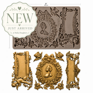 ReDesign with Prima Ombres Florales 5x8 silicone mold with cherub, cameo, floral frame, ribbon, scrollwork and gold resin castings