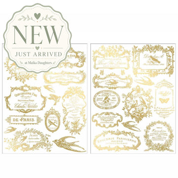 ReDesign with Prima Chant Du Matin Gold H2O water slide transfers with two sheets of vintage French bird labels and ornate frames