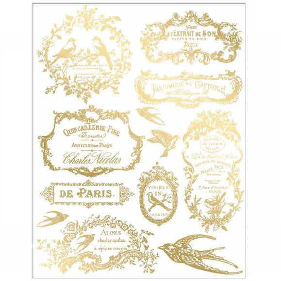 Chant Du Matin Gold H2O transfer sheet with French script labels, bird motifs, swallows, floral frames, and De Paris design