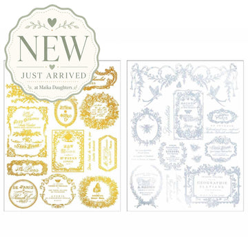 ReDesign with Prima Eclat Du Matin Gold and Silver H2O water slide transfers with two sheets of vintage French labels and ornate designs