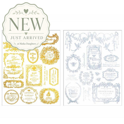 ReDesign with Prima Eclat Du Matin Gold and Silver H2O water slide transfers with two sheets of vintage French labels and ornate designs