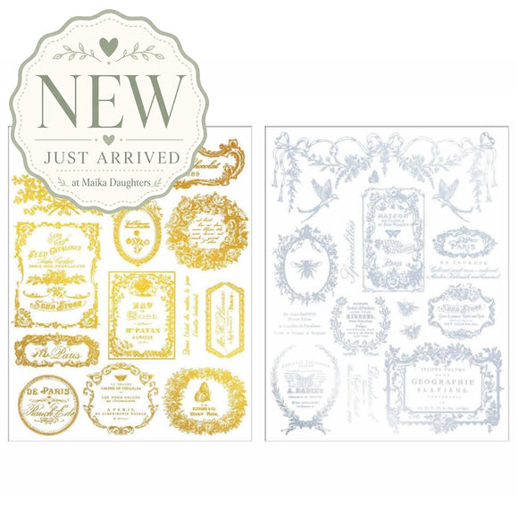 ReDesign with Prima Eclat Du Matin Gold and Silver H2O water slide transfers with two sheets of vintage French labels and ornate designs