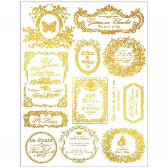 Eclat Du Matin gold H2O transfer sheet with French labels, butterfly, seed catalogue design, rose label, chocolate label, and ornate frames