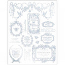 Eclat Du Matin silver water slide transfer sheet with French labels, birds, bee, butterflies, script, and ornate vintage frames