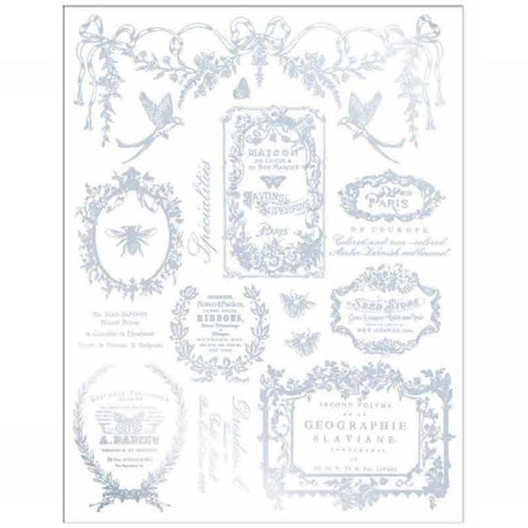 Eclat Du Matin silver water slide transfer sheet with French labels, birds, bee, butterflies, script, and ornate vintage frames