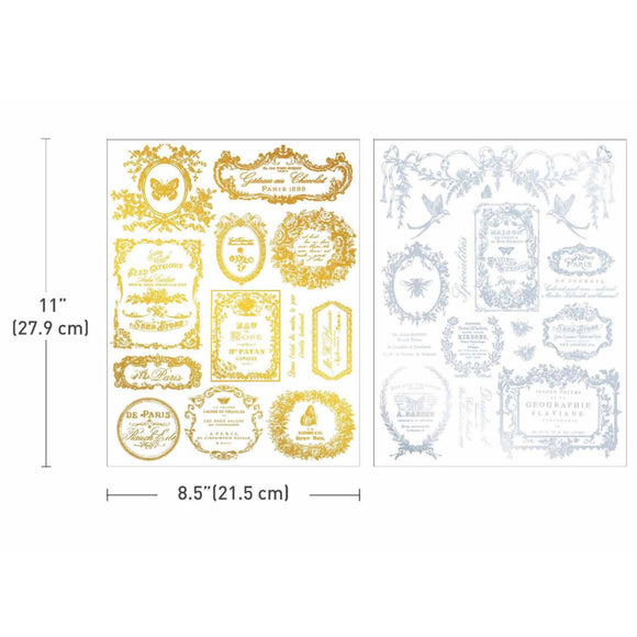 ReDesign with Prima Eclat Du Matin Gold and Silver H2O water slide transfers, two 8.5 x 11 inch sheets shown with size guide