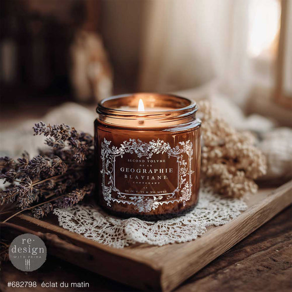 Amber candle jar decorated with Eclat Du Matin silver French label water slide transfer for cozy vintage decor