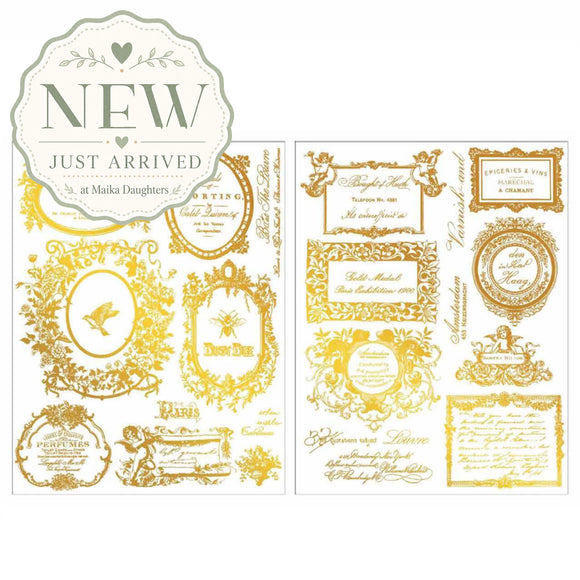 ReDesign with Prima Fleur de Minuit Gold H2O water slide transfers with two sheets of vintage French labels and ornate frames