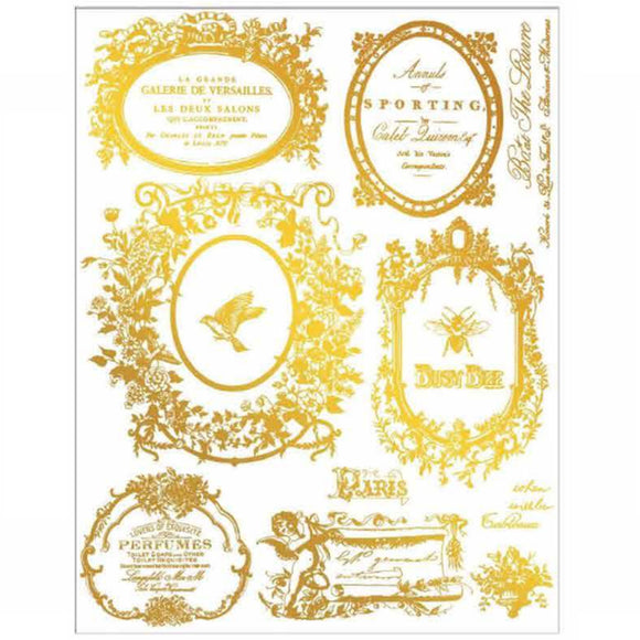 Fleur de Minuit gold H2O transfer sheet with Versailles label, bird medallion, bee motif, perfume label, and gilded French frames