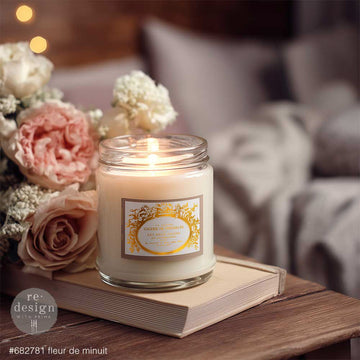 Candle jar decorated with Fleur de Minuit gold water slide transfer label for romantic vintage home decor
