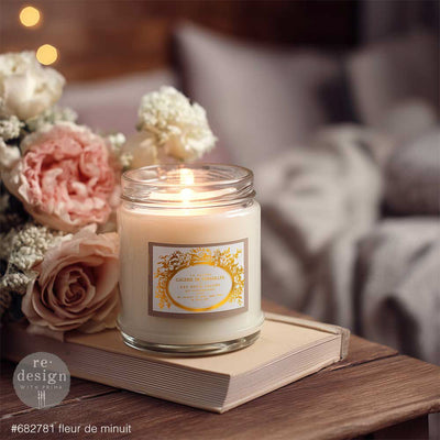 Candle jar decorated with Fleur de Minuit gold water slide transfer label for romantic vintage home decor
