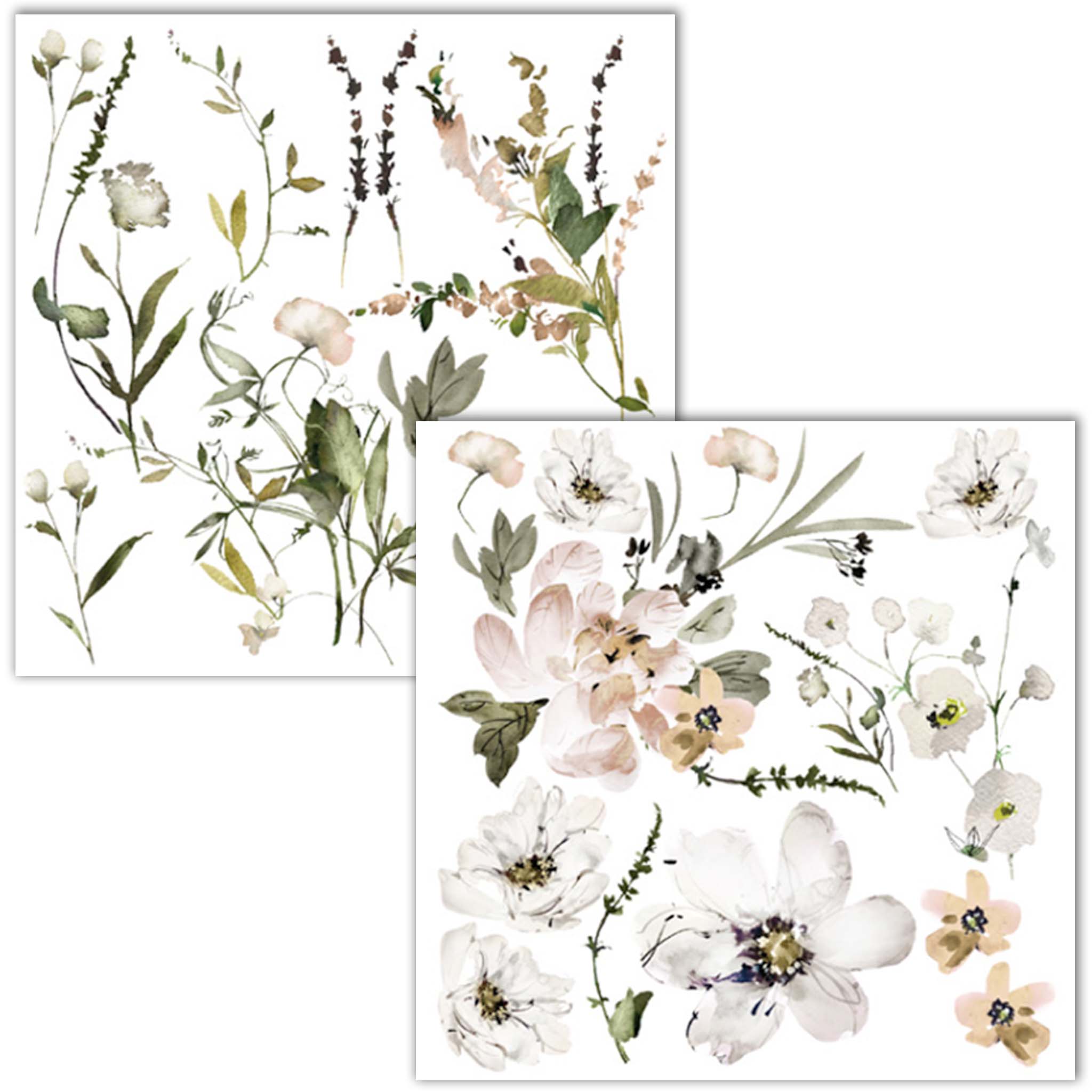 Two sheets of 12"x12" rub-on transfers are against a white background and feature delicate flowers in pale blush, cream, and white, accented by sprigs of greenery.