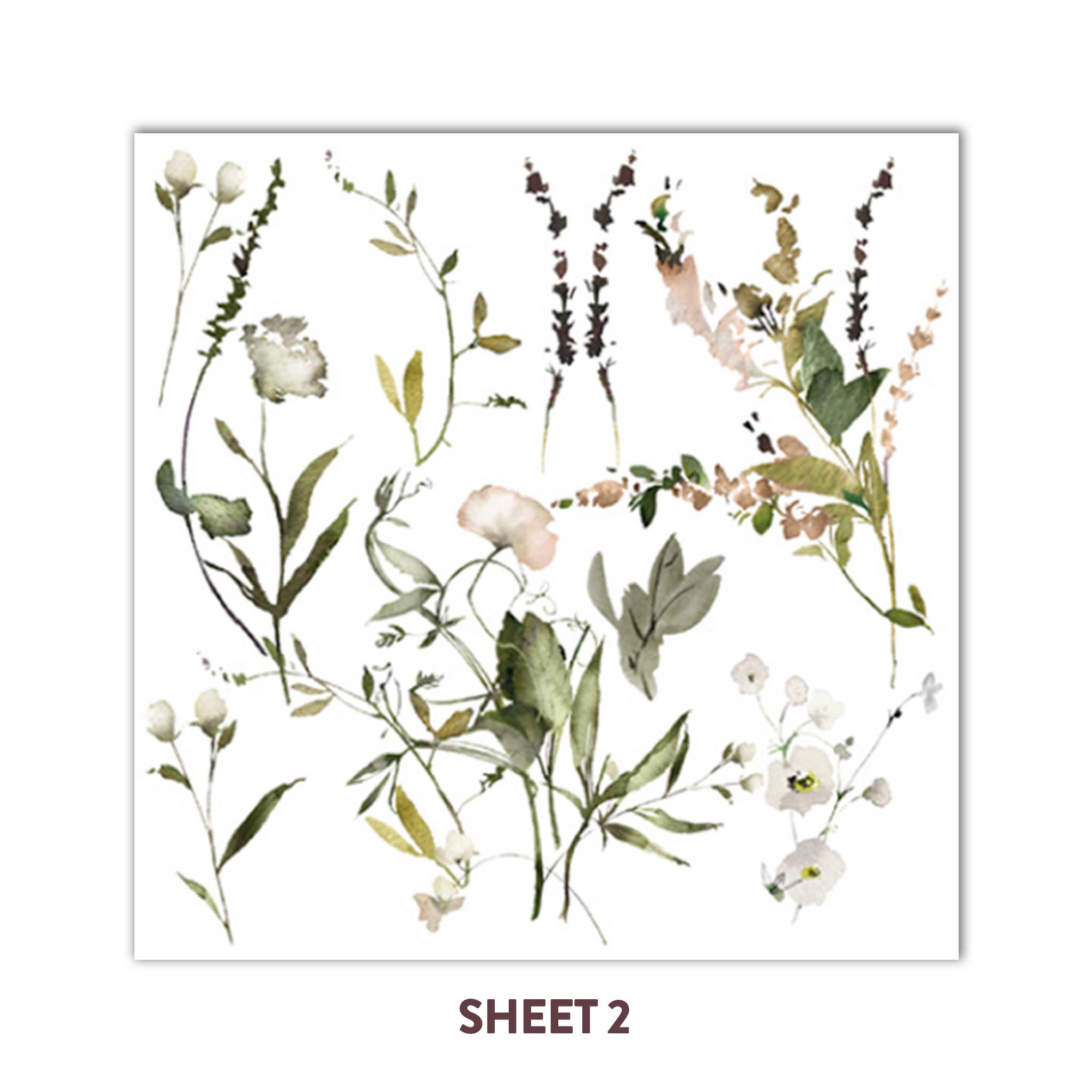 Sheet 2 of ReDesign with Prima's Pastels Artistry 12"x12" transfer is against a white background and features scattered cream colored flowers with foliage.