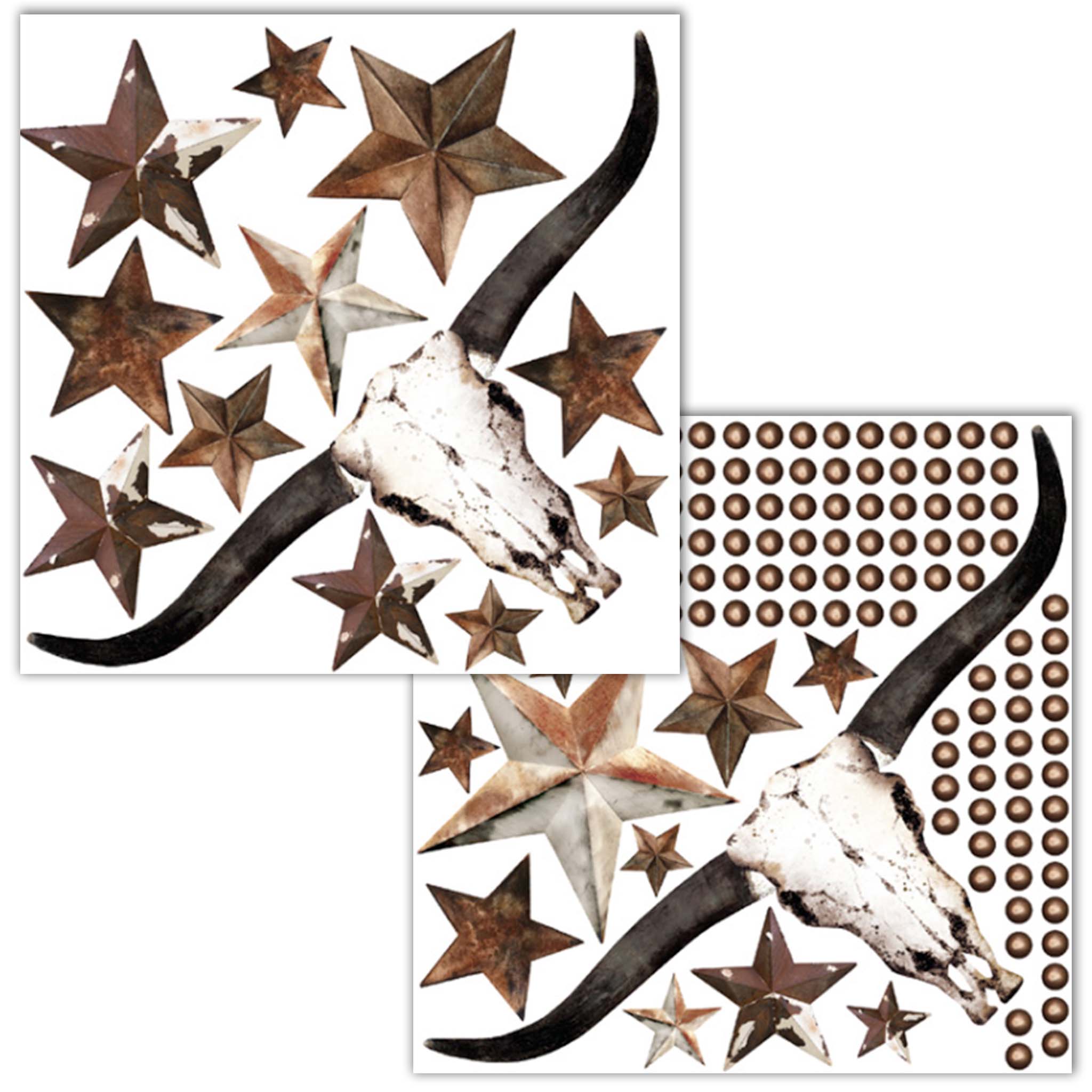 Two sheets of 12"x12" rub-on transfers featuring rustic stars, long horn skulls, and brass stud designs are against a white background.