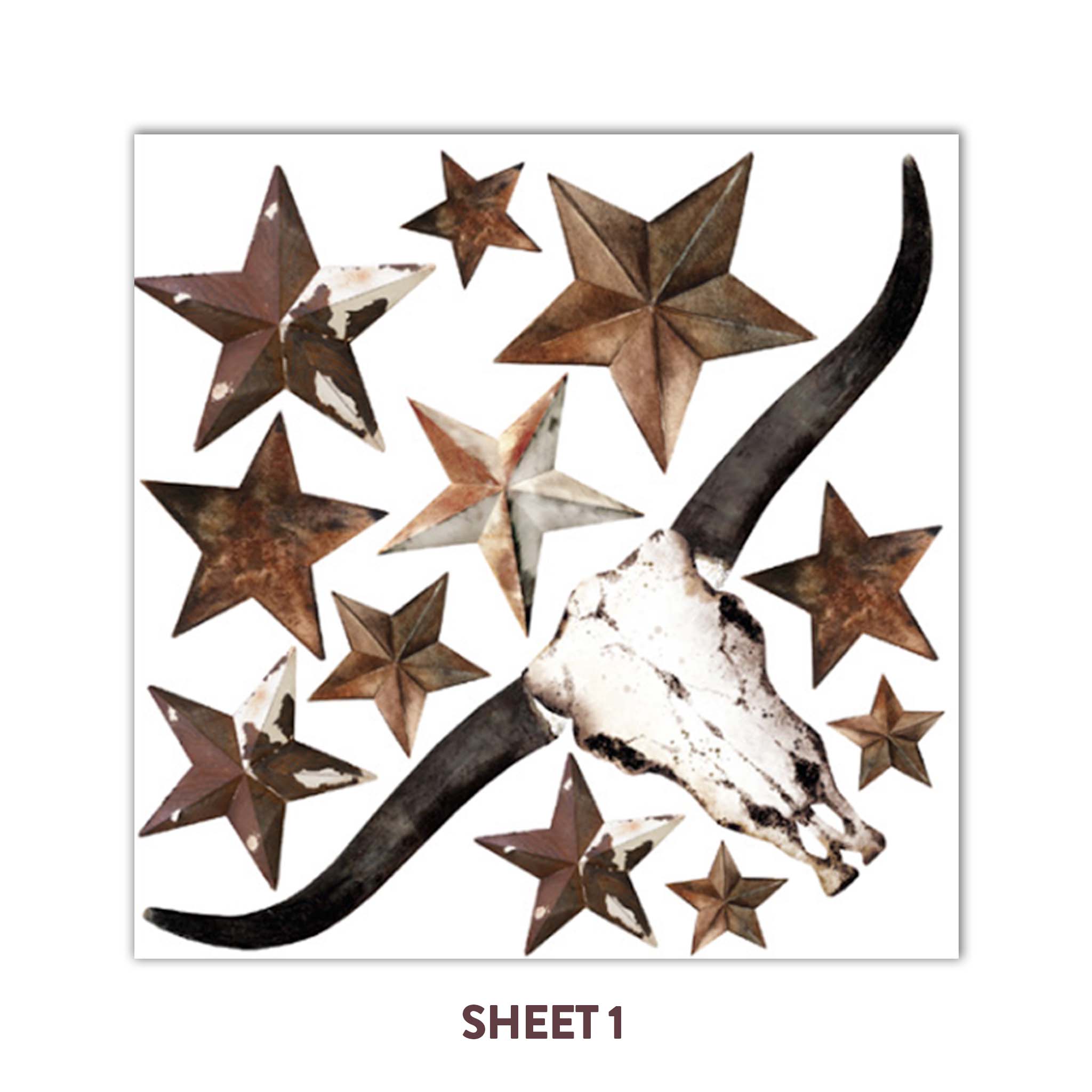 Sheet 1 of ReDesign with Prima's Wild West Whispers 12"x12" rub-on transfer that features 11 rusted stars and a bull skull is against a white background.