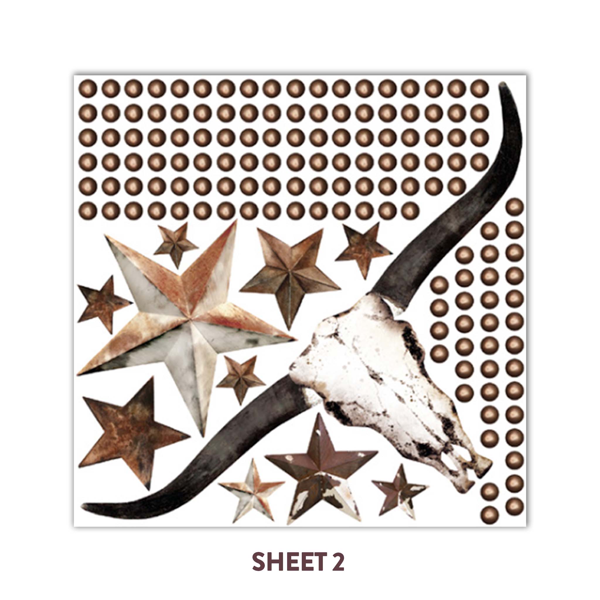Sheet 2 of ReDesign with Prima's Wild West Whispers 12"x12" rub-on transfer that features rusted stars, a bull skull, and metal studs is against a white background.