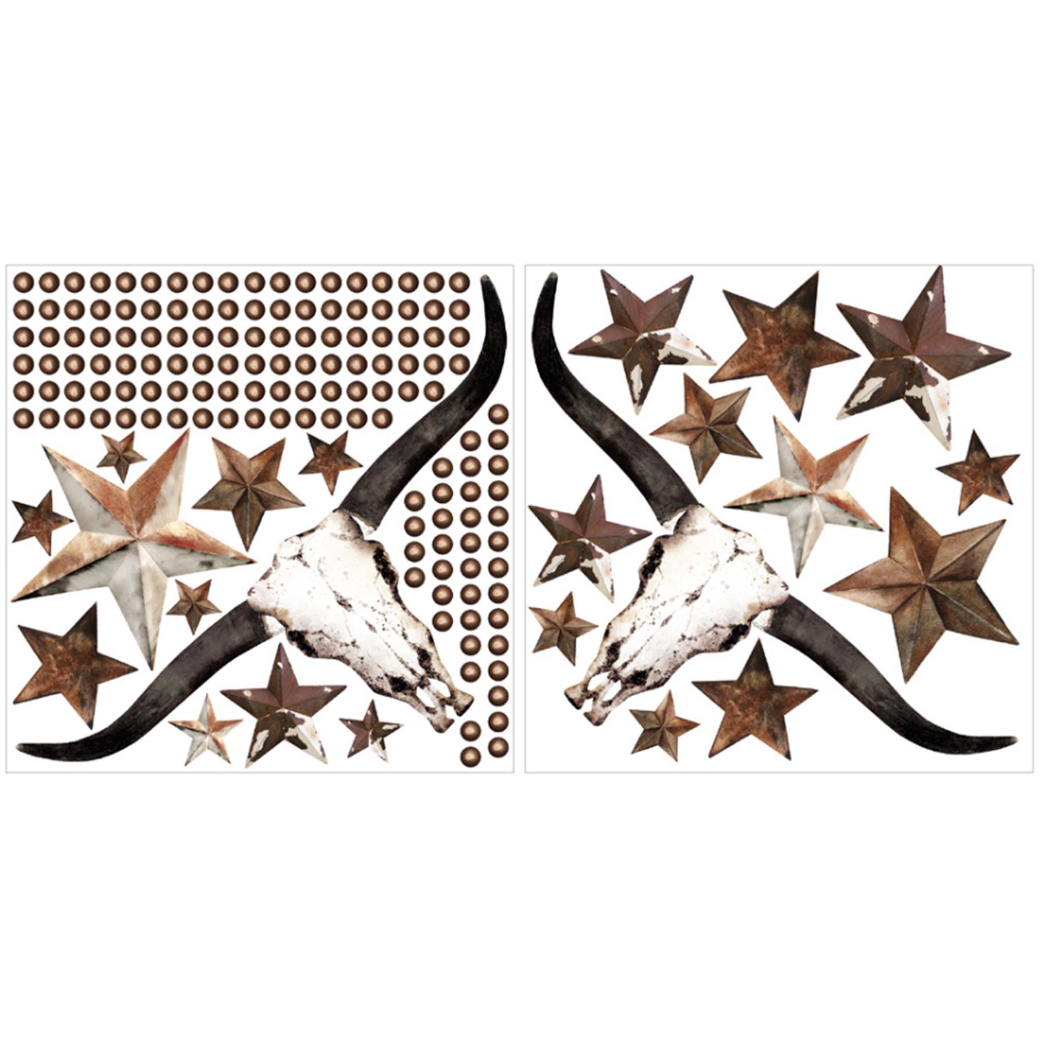 Two sheets of 12"x12" rub-on transfers featuring rustic stars, long horn skulls, and brass stud designs are against a white background.