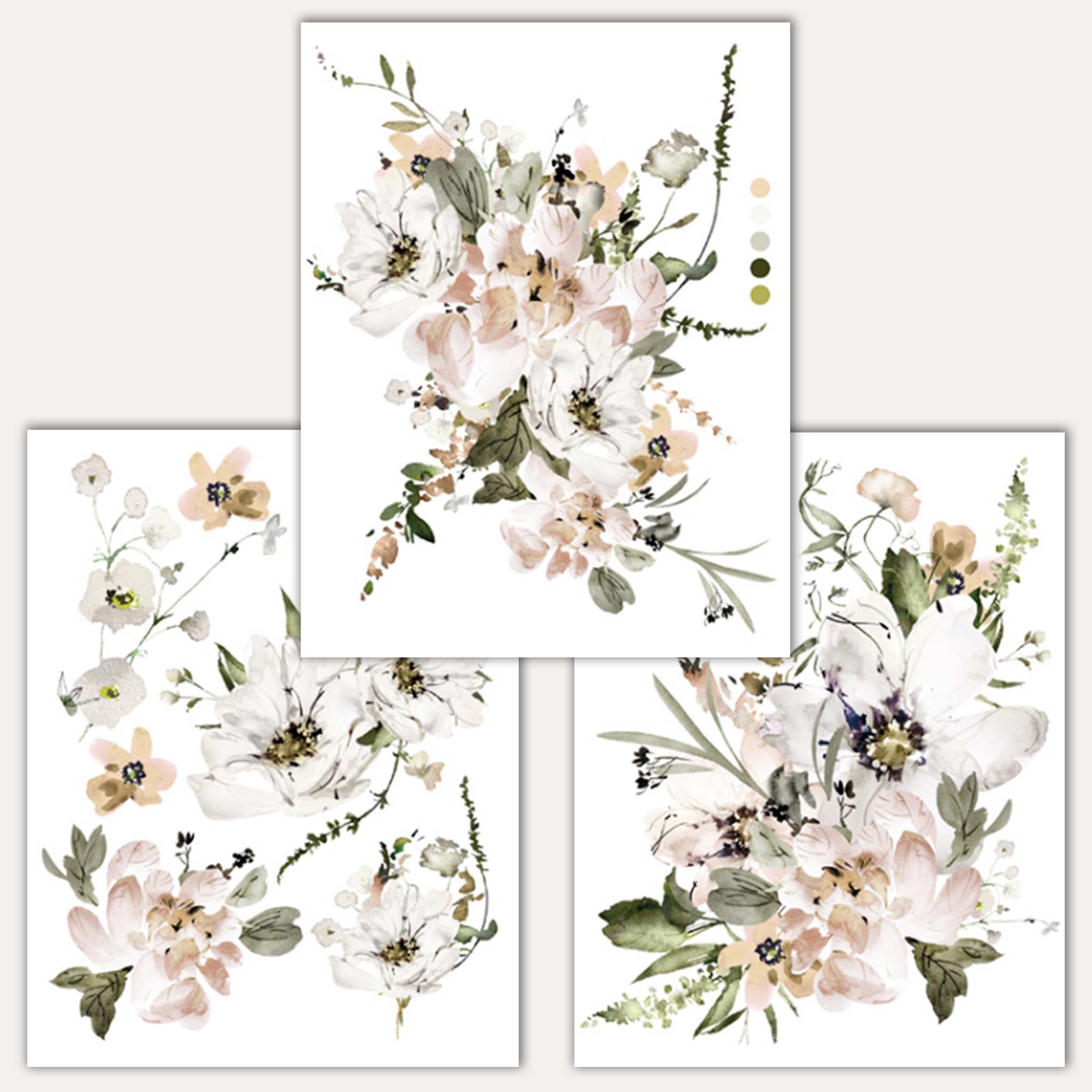 Three sheets of small rub-on transfers against a beige background feature beautiful blush, cream, and white floral bouquets, along with loose flowers and sprigs of greenery.