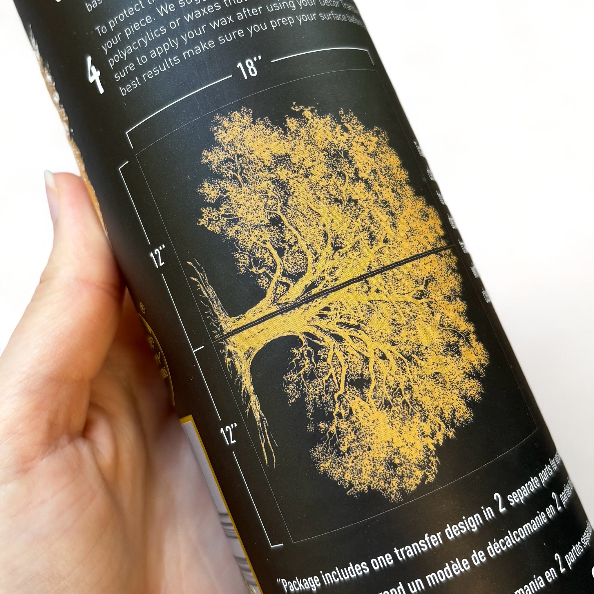 A tube of ReDesign with Prima's Kacha Growth gold foil rub-on transfer shows 2 sheets with measurements of 18" x 12" each.