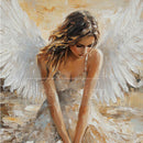 Close-up detail of Angelic Reverie A3 fiber decoupage paper showing textured brushstroke style, white wings, and soft vintage neutrals