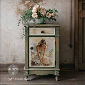 ReDesign with Prima Angelic Reverie A3 fiber decoupage paper applied to a cabinet door furniture makeover mockup