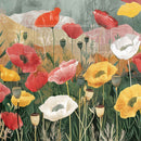Close-up of Impression of Poppies A3 fiber decoupage paper—red, coral, yellow, and white poppies with greenery