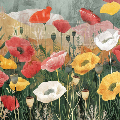 Close-up of Impression of Poppies A3 fiber decoupage paper—red, coral, yellow, and white poppies with greenery