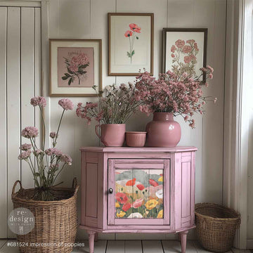ReDesign with Prima Impression of Poppies A3 fiber decoupage paper mockup on pink cabinet door, wildflower poppies design