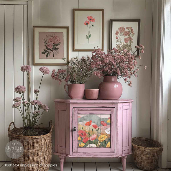 ReDesign with Prima Impression of Poppies A3 fiber decoupage paper mockup on pink cabinet door, wildflower poppies design