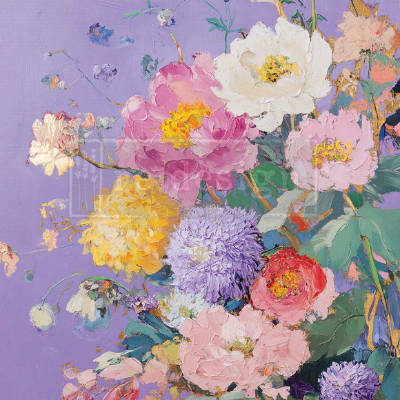 Closeup of ReDesign with Prima Lilac Serenade A3 fiber decoupage paper with painterly peonies and mixed florals on lilac background