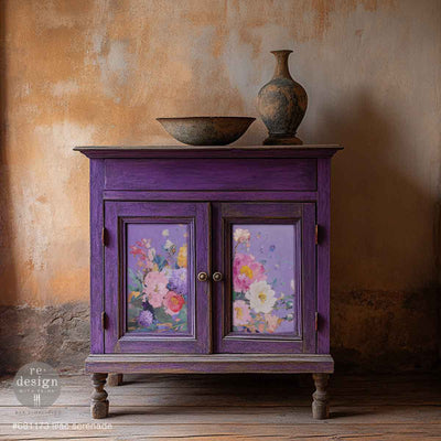 Purple cabinet mockup featuring Lilac Serenade floral decoupage paper applied to cabinet doors for romantic cottagecore decor