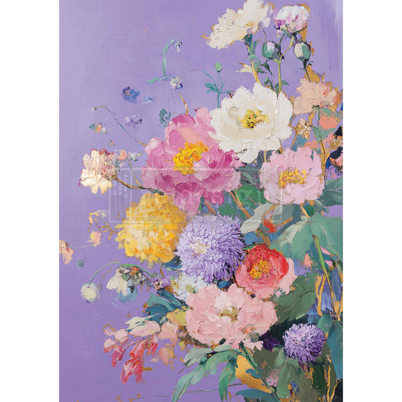 Full sheet view of Lilac Serenade A3 fiber decoupage paper—pink, white, yellow, and violet blooms on a soft lilac field