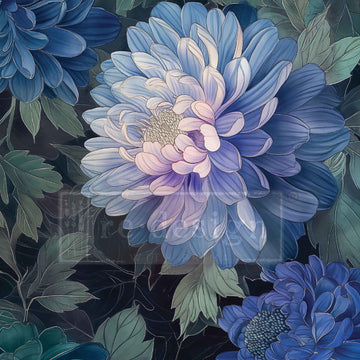 Closeup of Moonlit Periwinkle A3 fiber decoupage paper showing layered blue periwinkle blooms and green leaves