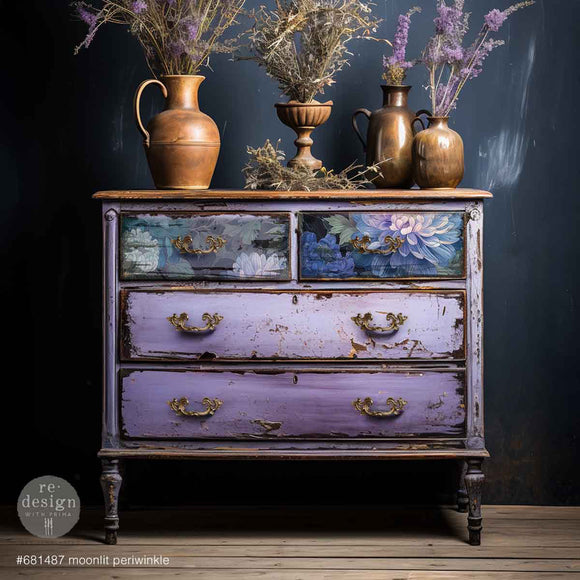 ReDesign with Prima Moonlit Periwinkle A3 fiber decoupage paper mockup on lavender dresser drawers with moody blue floral design