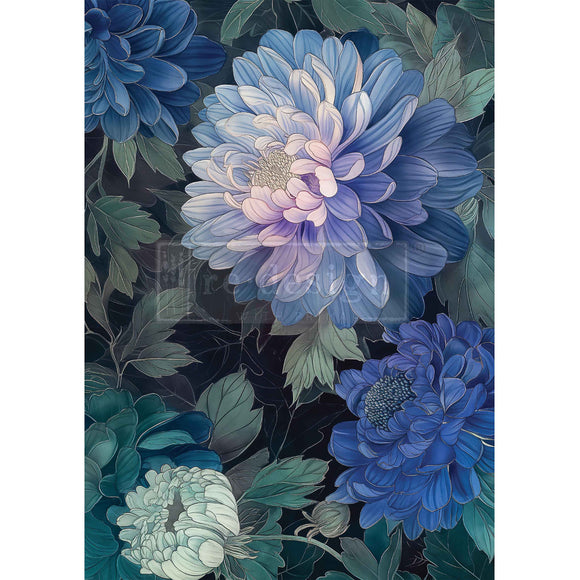 Full sheet ReDesign with Prima Moonlit Periwinkle A3 fiber decoupage paper with blue florals on a dark moody background