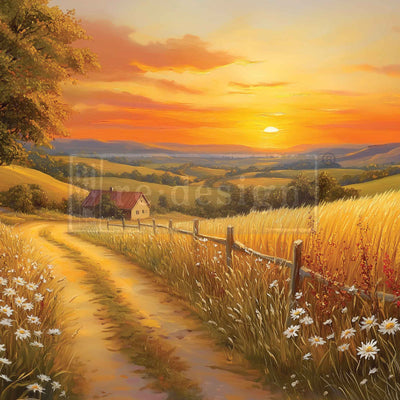 Close-up of Sunset Haven design—winding country road, daisies, golden wheat field, and warm sunset sky (A3 fiber decoupage paper).