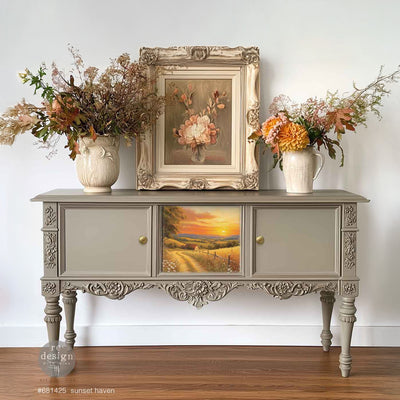 ReDesign with Prima Sunset Haven A3 fiber decoupage paper mockup on painted sideboard drawer—country road landscape at golden sunset.