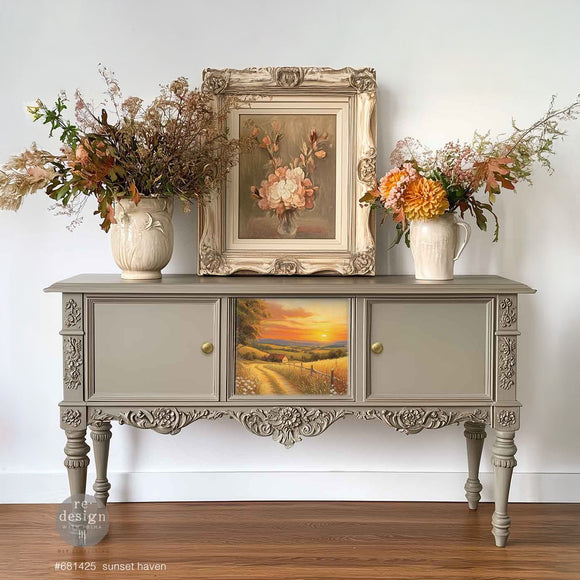 ReDesign with Prima Sunset Haven A3 fiber decoupage paper mockup on painted sideboard drawer—country road landscape at golden sunset.