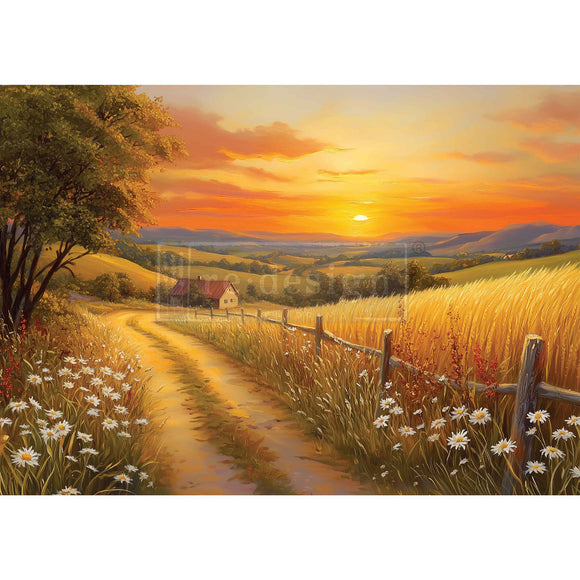 Full sheet ReDesign with Prima Sunset Haven A3 fiber decoupage paper—countryside landscape with fence line and sunset glow.