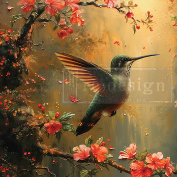 Closeup of Sunset Serenade A3 fiber decoupage paper—green hummingbird in flight with coral-red blossoms and petals on a golden background
