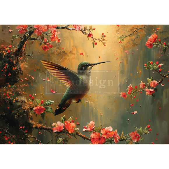 Full view of ReDesign with Prima Sunset Serenade A3 fiber decoupage paper featuring a hummingbird framed by coral florals and leafy branches