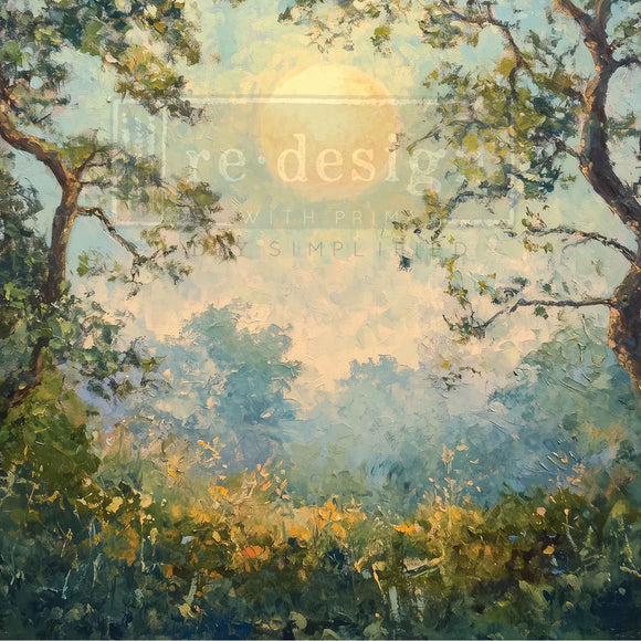 Timeless Canopy decoupage paper closeup sunlit woodland landscape art on A3 fiber sheet