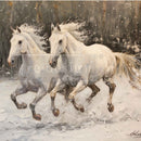 Twin Spirits A3 fiber decoupage paper closeup of two white horses running through snow, textured painterly look
