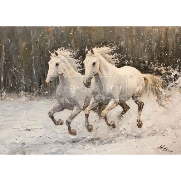 Full sheet Twin Spirits A3 fiber decoupage paper design with two galloping white horses in a snowy scene