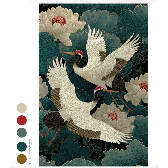 Grace in Flight decoupage paper color palette with cream, red, soft green, deep teal, and warm gold tone